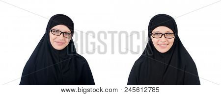 Woman with muslim burqa isolated on white