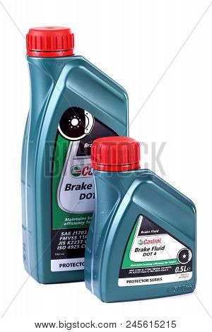 Novyy Urengoy, Russia - June 17, 2018: Two Plastic Canisters Of The Brake Fluid Castrol Dot4 Isolate