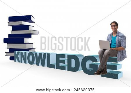 Young man in telelearning concept with laptop and books