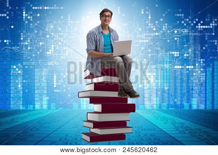 Young man in telelearning concept with laptop and books