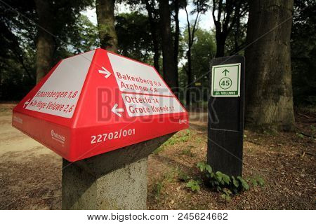 Arnhem, The Netherlands - June 16, 2018: Red Dutch Anwb Bicycle Signpost For Bike Paths And A Green 