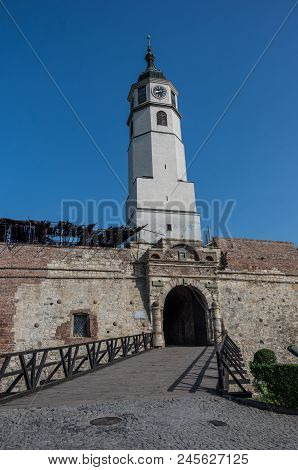 Belgrade, Serbia - April 30, 2018: Sahat Kula, The Clock Tower And Gate Of The Belgrade Kalemegdan F