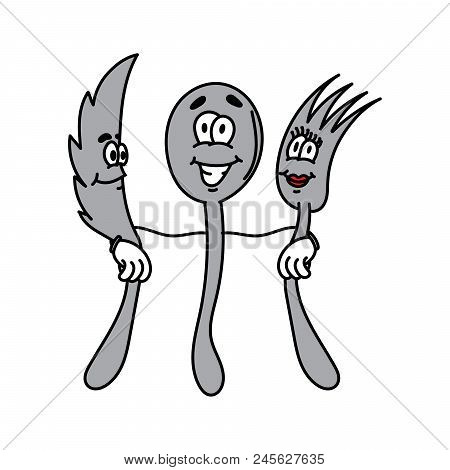 Cartoon Illustration Of Spoon, Knife And Fork Doing High Five Vector