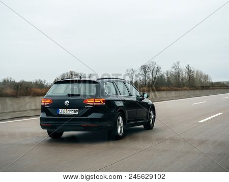 Berlin, Germany - Feb 11, 2018: Fast Driving Volkswagen Passat Tsi Bluemotion Driving Fast On German