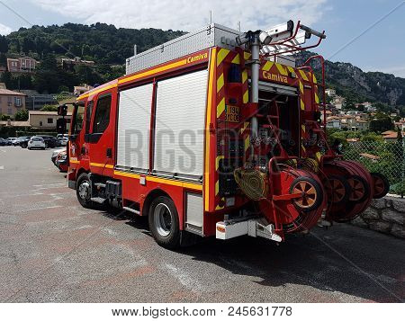 La Turbie, France - June 11, 2018:  Red French Fire Truck Renault Parked In Front Of The Fire Statio