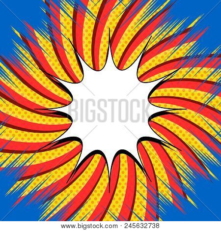 Comic Book Bright Template With White Speech Bubble, Blue Rays, Dotted, Red Radial Effects On Yellow