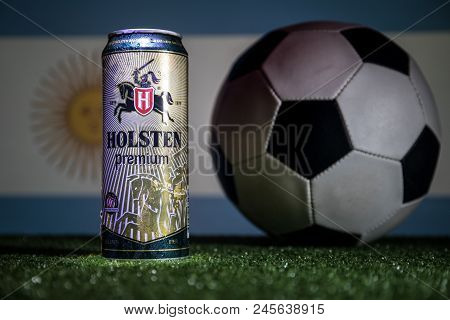 London, Uk - January 02, 2018: Aluminium Can Of Holsten Pils Beer On White Background.brewing Compan