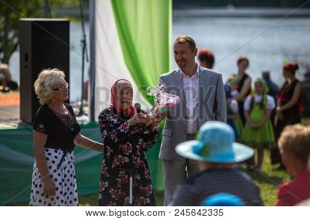NIKOLSKIY / LENINGRAD REG, RUSSIA - JUN 16, 2018: During festival events dedicated to 69th anniversary of urban-type settlement Nikolskiy formation on the river Svir connecting Onega and Ladoga lakes.