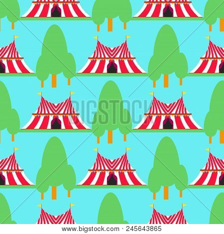 Circus Tent Marquee With Stripes And Flags Carnival Entertainment Amusement Seamless Pattern Backgro