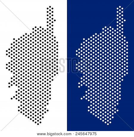 Dot Corsica France Island Map. Vector Geographic Map On White And Blue Backgrounds. Vector Concept O