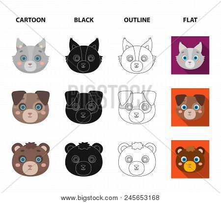 Owl, Cow, Wolf, Dog. Animal's Muzzle Set Collection Icons In Cartoon,black,outline,flat Style Vector