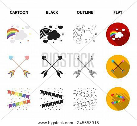 Flag, Unicorn Symbol, Arrows With Heart.gay Set Collection Icons In Cartoon, Black, Outline, Flat St