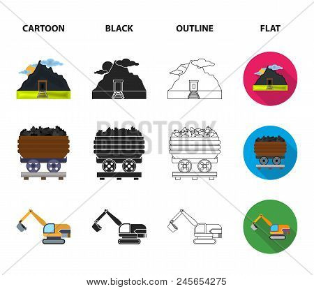 A Shovel, A Miner, An Entrance To A Mine, A Trolley With Coal.mine Set Collection Icons In Cartoon, 