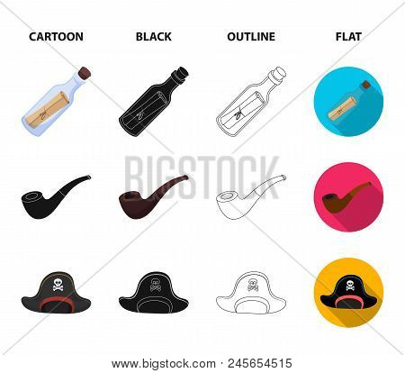 Pirate, Bandit, Ship, Sail .pirates Set Collection Icons In Cartoon, Black, Outline, Flat Style Vect
