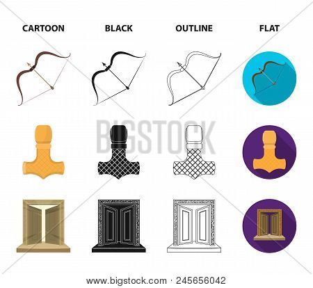 Viking In Helmet With Horns, Mace, Bow With Arrow, Treasure. Vikings Set Collection Icons In Cartoon
