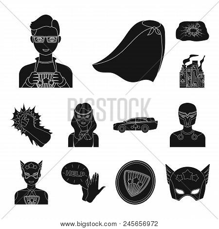 A Fantastic Superhero Black Icons In Set Collection For Design. Superhero's Equipment Vector Symbol 