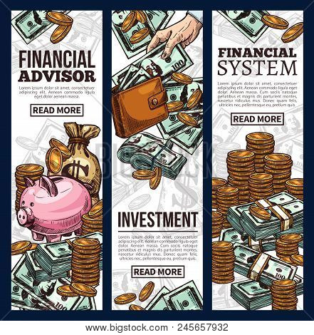Finance And Investment Banner Set Of Money Sketch. Cash Currency Of Dollar Bill And Gold Coin Pile W