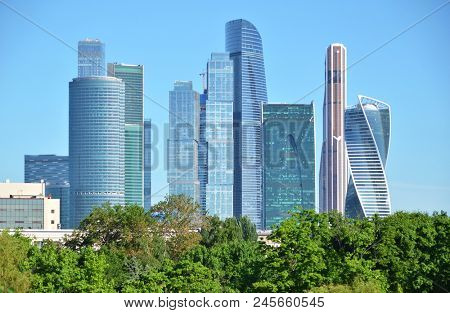 Moscow city skyline across the pond at Novodevichiy Convent