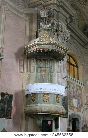 SVETA MARIJA NA MURI, CROATIA - MARCH 17: Pulpit in the Church of Assumption in Sveta Marija na Muri, Croatia on March 17, 2012.