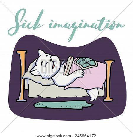 A Sick Cat With A Thermometer Lies On A Blanket In Bed.