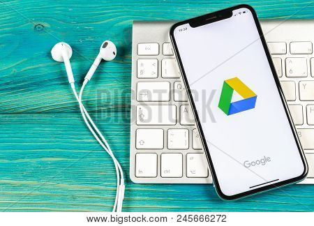 Sankt-petersburg, Russia, June 2, 2018: Google Drive Application Icon On Apple Iphone X Screen Close