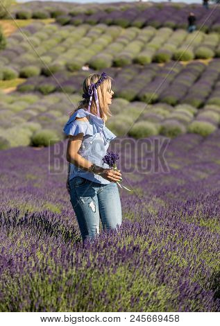 Ostrow, Poland - June 6, 2018: Beautiful  Woman With A Lavender Wreath On Head In The Middle Of A La