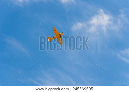 Madrid, Spain - June 3, 2018:  North American T-6 Texan Dun From 1938 Aircraft During Air Show Of Hi