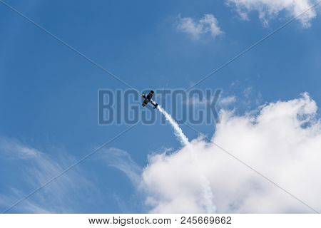Madrid, Spain - June 3, 2018:  Yak 52 Russian Aerobatic Aircraft During Air Show Of Historic Aircraf