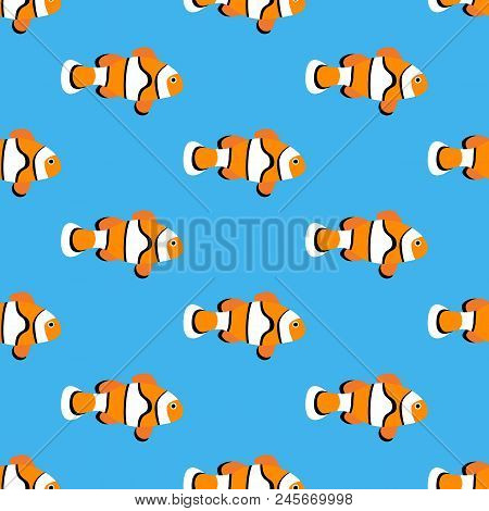Amphiprion Clown Fish Seamless Pattern On The Blue Background. Vector Illustration