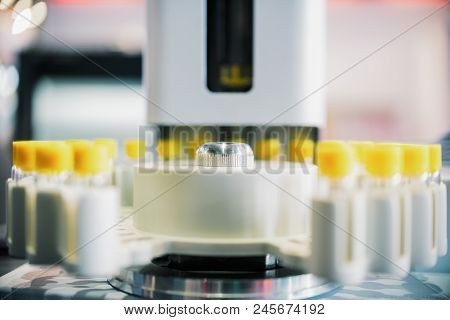 A Cassette With Glass Test Tubes, A Fragment Of Gas Chromatograph Equipment. Research Equipment.