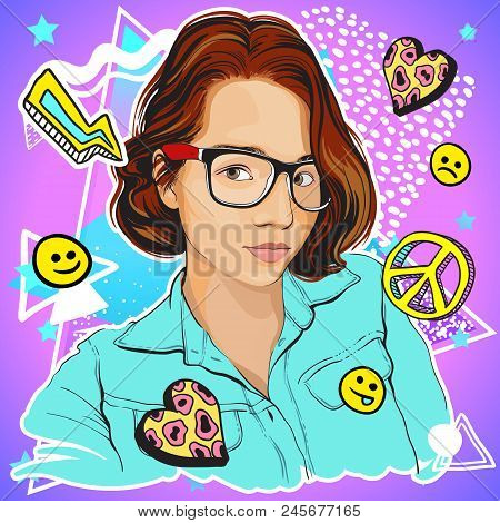 Beautiful Asian Girl Portrait In 80s Fashion. Retro Style Vector Illustration. Hippie Mood. 80s And 