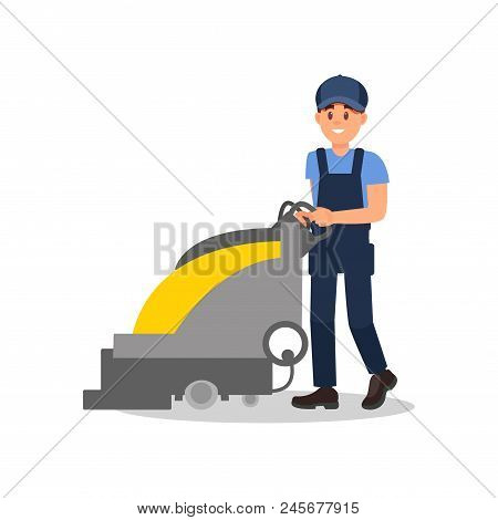 Smiling Guy Working With Vacuum Scrubber. Cartoon Man Character In Blue Overall, Cap And T-shirt. El