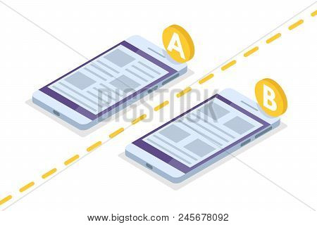 A-b Comparison. Split Testing Isometric Concept. Vector Illustration.
