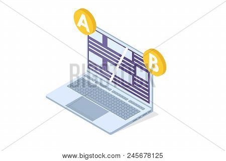 A-b Comparison. Split Testing Isometric Concept. Vector Illustration.