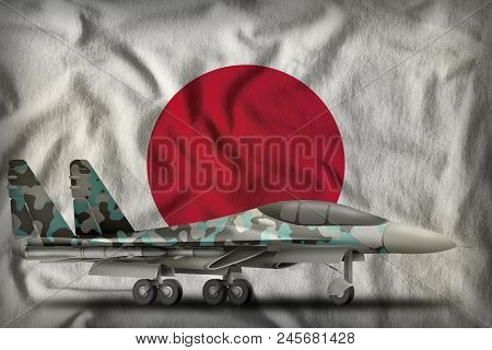 Fighter, Interceptor With Winter Camouflage On The Japan Flag Background. 3d Illustration