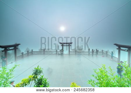 Bao Loc, Vietnam - May 15th, 2018: The Magical Dawn On The Pagoda, Surrounded By Dew And Magical Lig