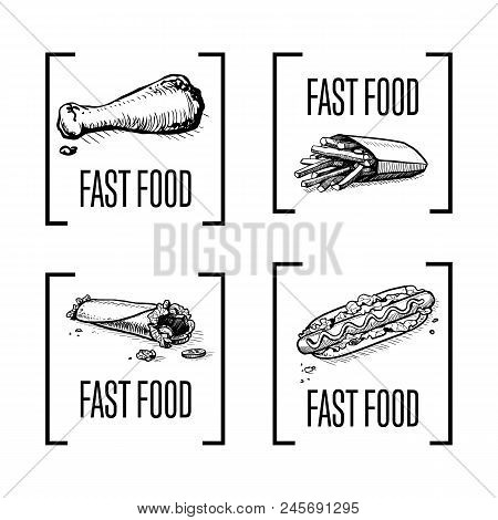 Fast Food Hand Drawn Icon Set. Vintage Isolatedelements Of Taco, French Fries, Hot Dog And Chicken L