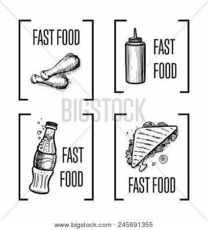 Fast Food Hand Drawn Symbol Set. Vintage Isolatedelements Of Sandwich, Cola Drink, Chicken Leg And S