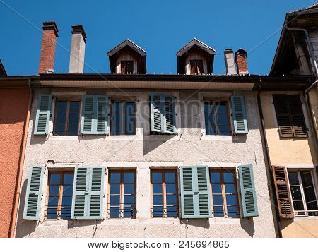 Detail On Windows And Roof Of A Historic House In The Center Of Annecy, France