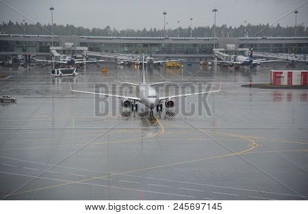 Moscow, Russia- June 12 2018: Airplanes On The Runway At Terminal D Of Sheremetyevo International Ai