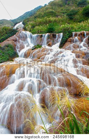 Golden Waterfall Is One Of The Most Beautiful Waterfall In Taiwan, Jinguashi Township, Taiwan.