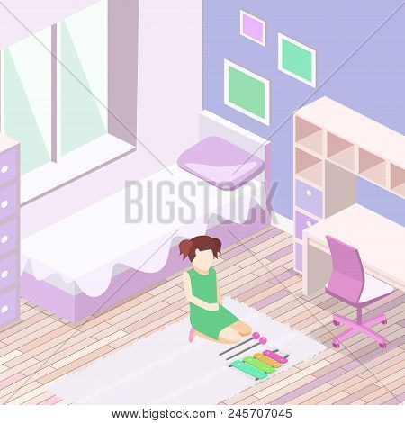 Isometric Flat 3d Cutaway Interior Girls All Pink Bedroom Interior.
