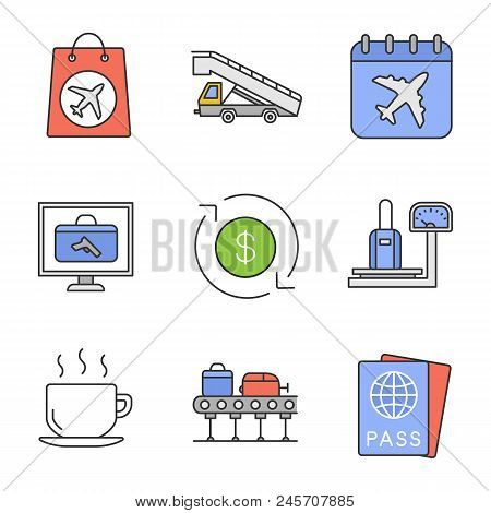 Airport Service Color Icons Set. Duty Free, Stair Truck, Flight Date, Baggage Scanner And Scales, Re