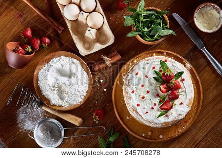 Strawberry Tart Covered With Whipped Sour Cream On A Wooden Tray Over Rustic Background, Close-up, S