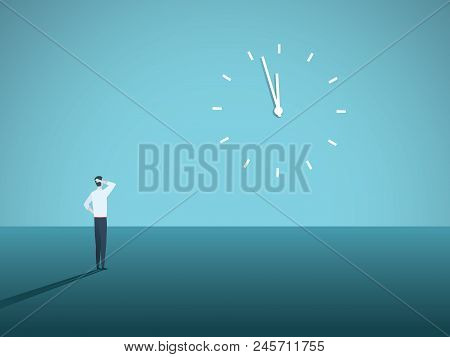 Business Deadline Vector Concept With Businessman Staring At A Clock On The Wall. Symbol Of Stress A