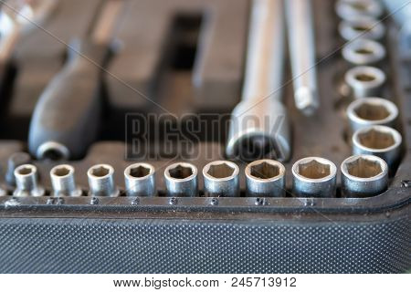 Box With Set Of Tools For Car Repair, Closeup.
