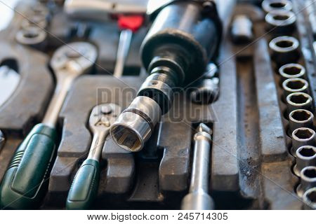 Box With Set Of Tools For Car Repair, Closeup.