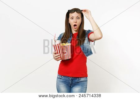 Portrait Of Young Shocked Attractive Woman Removing 3d Glasses Watching Movie Film, Holding Bucket O