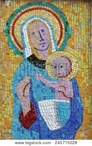 SISAK, CROATIA - DECEMBER 07: Virgin Mary with baby Jesus, mosaic in the Church of Saint Joseph in Sisak, Croatia, on December 07, 2017.