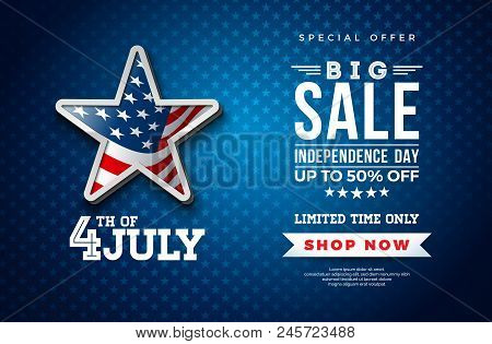 Fourth Of July. Independence Day Sale Banner Design With Flag In 3d Star On Dark Background. Usa Nat